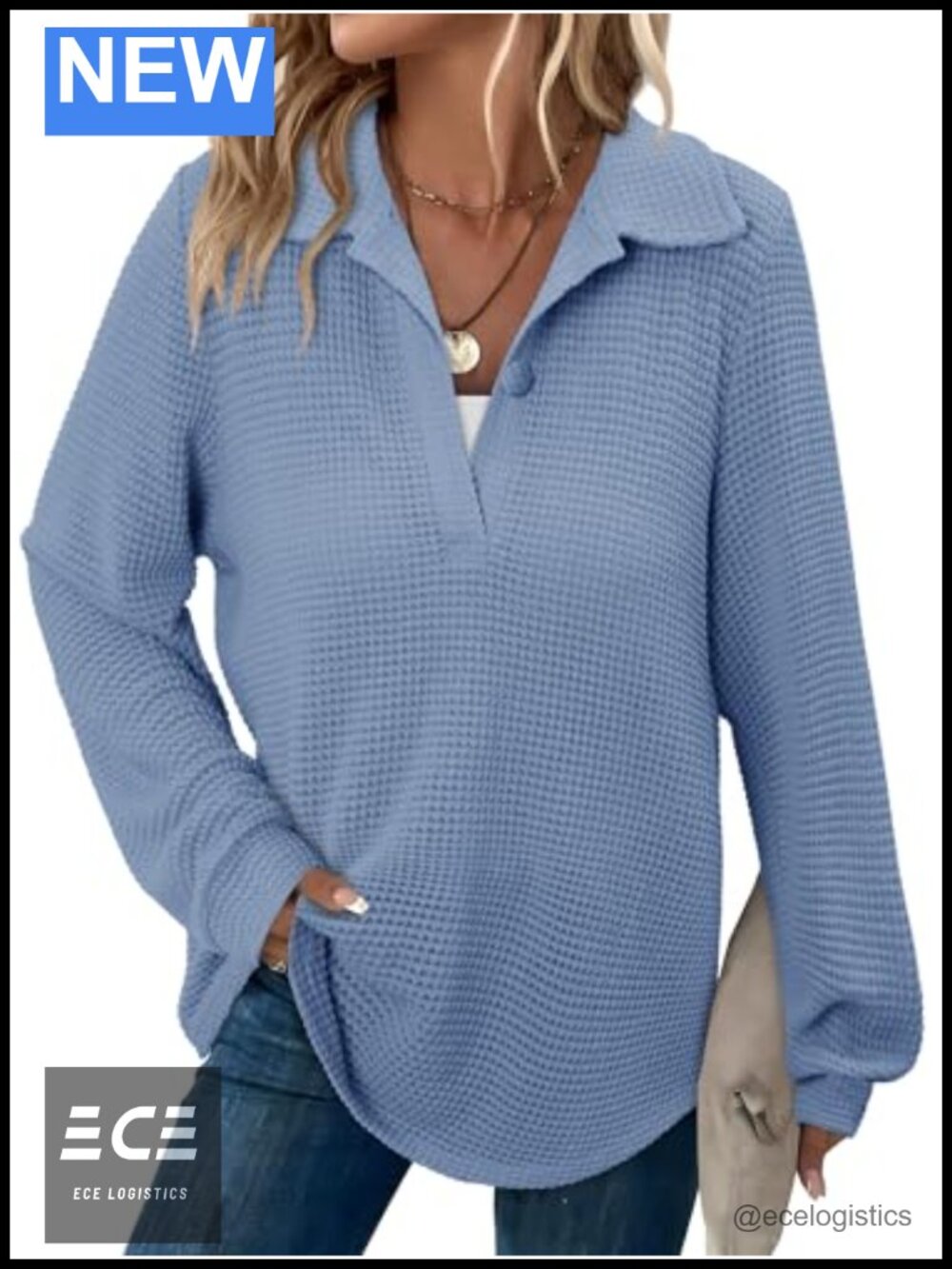 Waffle Knit Long Sleeve V-Neck Casual Pullover Sweatshirt Top